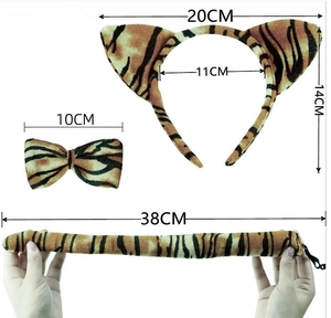 Three-piece tiger costume set with plush ears headband, bowtie, and long tail measurements