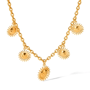 Bohemian gold stainless steel necklace featuring five sun face embossed pendants on a chain