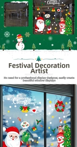 Close-up of festive Santa, snowman and reindeer window static stickers for Christmas decor