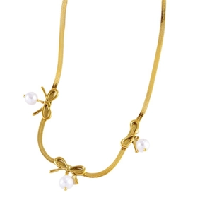 Elegant gold herringbone chain necklace with metallic bows and white faux pearls