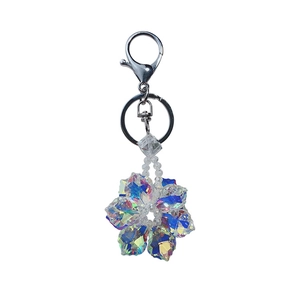 Elegant aurora crystal snowflake keychain with silver metal lobster clasp and ring