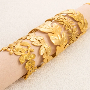 Elegant 18k gold plated stainless steel bangles with floral leaf and butterfly designs