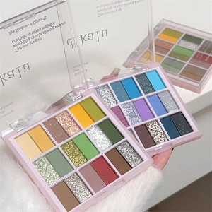 Close-up of three 9-color eyeshadow palettes with matte, shimmer, and glitter textures