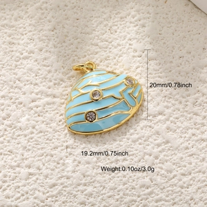 Detailed view of light blue enamel seashell pendant with gold edges and dimensions