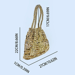 Golden woven mesh handbag size specifications with height, width, and strap dimensions