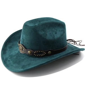 Classic dark lake green faux suede cowboy hat with studded leather band and vintage badge