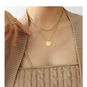 Layered Necklace Stainless Steel 18K Gold Plated Round Pendant Engraved Eternal Love Snake Chain For Women