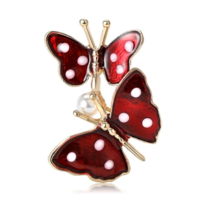 Fashion alloy enamel double butterfly brooch with red wings and white pearl accent