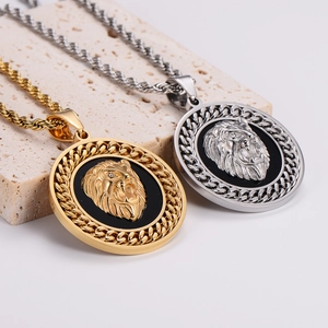 Gold and silver stainless steel lion head pendant necklaces with classic twist chains