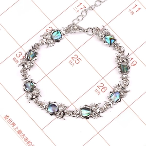 Close-up of owl charms with colorful abalone shell inlay on silver-tone bracelet