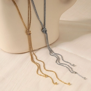 Minimalist Y-shaped long multi-strand knot sweater necklace with tassels in gold and silver