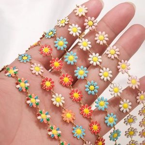 Colorful enamel daisy flower chain in gold finish for DIY necklace and bracelet jewelry