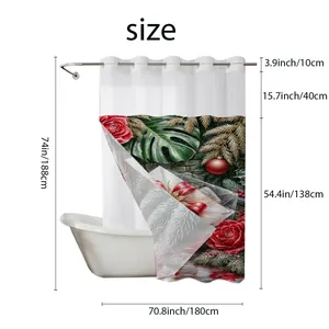Detailed size chart for Christmas shower curtain with hook-free rings and fabric dimensions