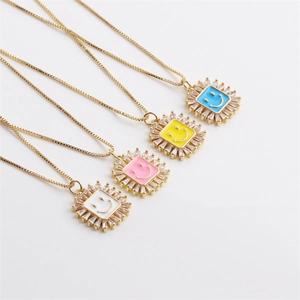 Smiley Face Square Pendant Necklace Copper Enamel Zircon Clavicle Chain Colorful Fashion Jewelry For Women