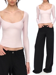 Women T-Shirt Long Sleeve Large U-Neck Tencel Ribbed Slim Fit Solid Color Pink Soft Trendy Top