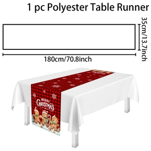Size diagram and layout of a red buffalo plaid Christmas gingerbread table runner