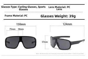Detailed sizing chart for cycling sports sunglasses with specific frame and lens dimensions