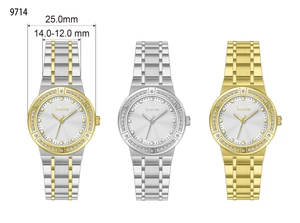 Detailed view of 25mm quartz watch dimensions in gold and silver color options