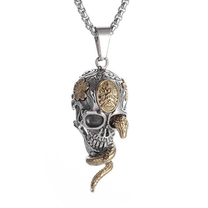 Gothic silver skull pendant with golden snake wrap and floral engraving on chain