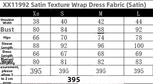 Detailed size guide table for satin scarf dress showing measurements in centimeters
