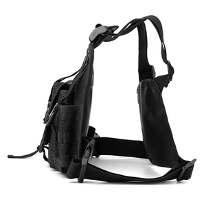 Side view of black tactical vest bag with adjustable buckles and multiple pockets