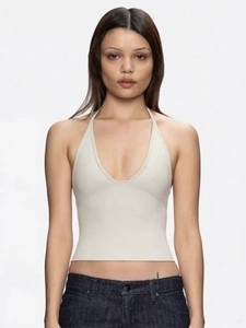 Slim fit white halter neck crop top for women in a minimalist American style