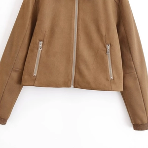 Giacca bomber marrone da donna in pelle scamosciata con cerniera in metallo argentato