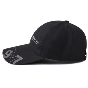 Detail of classic black canvas baseball cap with white M7 SPORT side print and adjustable strap