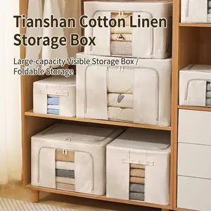 Foldable beige cotton linen storage box with clear window and reinforced frame