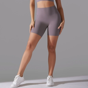 Detail view of high waisted seamless yoga shorts in matte dusty purple with tummy control