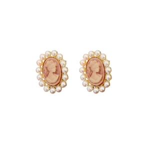 Vintage style cameo earrings with pearls and gold-plated portrait stud design for women