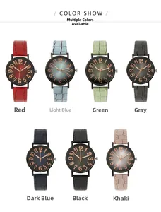 Detailed view of fashion quartz watches showing seven colors with leather strap options
