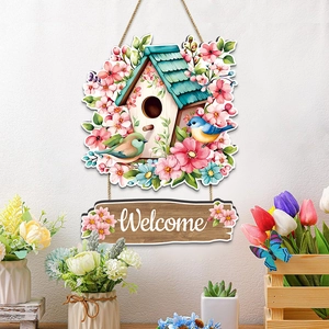 Spring floral wreath welcome wood sign with birdhouse and flowers for farmhouse home decor
