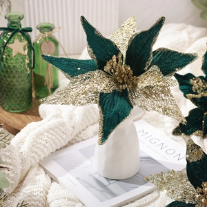 30cm dark green velvet Christmas poinsettia with gold sequins in a white ceramic vase