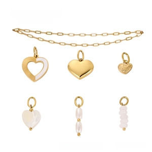 Golden stainless steel chain with diverse DIY heart and pearl charms set on white background