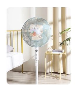 Detail of baby safety fan cover with cute cartoon tiger on blue mesh in a cozy bedroom