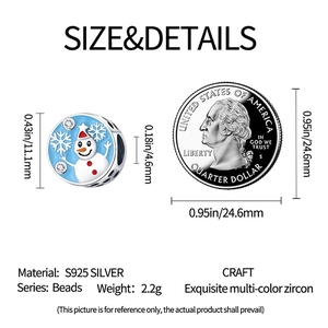 S925 silver Christmas snowman charm with blue zircon, size comparison with coin