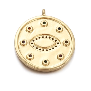 Macro view of 14K gold plated eye pendant with colorful gemstones and ornate engravings