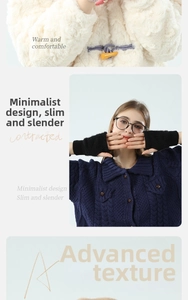 Detail of warm black knit fingerless gloves for women with minimalist plush lining