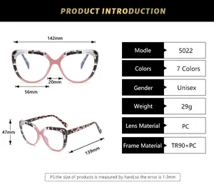 Detailed size chart for TR90 blue light glasses with dimensions and frame specifications