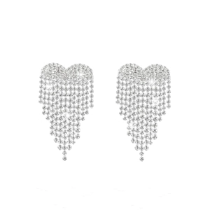 Elegant silver heart drop earrings with long sparkling rhinestone tassels for women