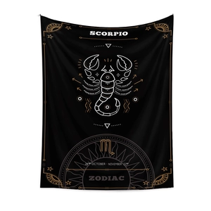 Bohemian Scorpio zodiac tapestry with white scorpion graphic on black fabric background