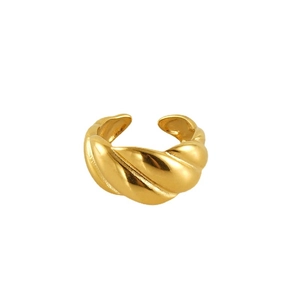 Polished 18k gold plated stainless steel twisted croissant ring with adjustable open band