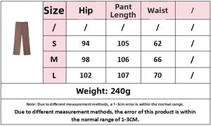 Size guide for high-waisted wide-leg trousers showing waist, hip, and length measurements