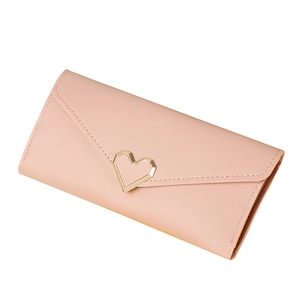 Pink faux leather long wallet for women with golden heart clasp and envelope design