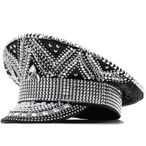 Captain Hat Black Sequin Rhinestone Studded Military Officer Performance Hat For Party Festival Punk Style