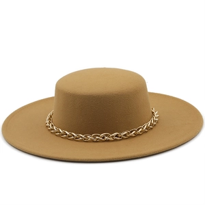 Flat top camel wool felt hat with gold metal chain trim and wide brim for women and men