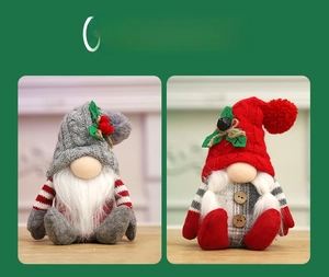 Two styles of Christmas gnome plush dolls featuring knitted hats and wood button details