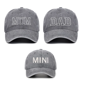 Detail of three-piece grey washed cotton baseball cap set with MOM DAD MINI embroidery
