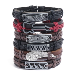Retro Braided Cowhide Leather Bracelet Alloy Charms Wing Guitar Feather Bohemian Punk Multilayer Adjustable Wristband Unisex